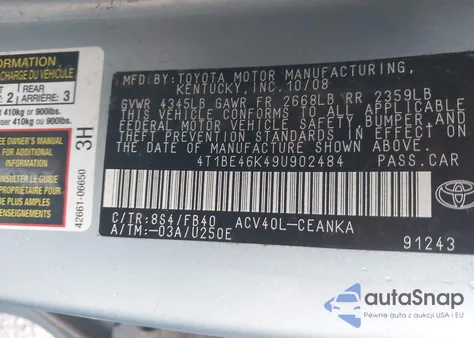 2009 Toyota Camry Le z USA, uszkodzony, nr VIN 4T1BE46K49U902484